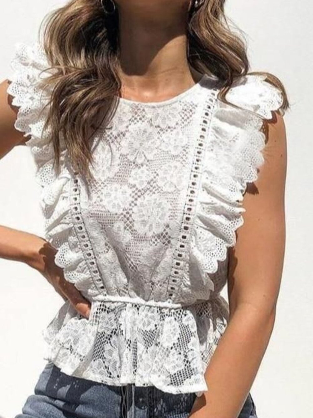 Delicate lace embroidery ruffled shoulder trim peplum top size M
